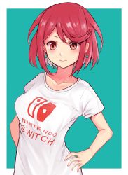 Rule 34 | 1girl, aqua background, blouse, breasts, hand on own hip, highres, looking at viewer, medium breasts, nintendo, nintendo switch, print shirt, pyra (xenoblade), red eyes, red hair, saito (pigrank), shirt, short hair, simple background, solo, standing, white shirt, xenoblade chronicles (series), xenoblade chronicles 2