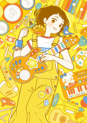 Rule 34 | 1girl, absurdres, bell, bird, blue bird, bracelet, brown eyes, commentary, earrings, electric guitar, feet out of frame, guitar, highres, instrument, jewelry, keyboard (instrument), maracas, medium hair, ocarina, original, parted lips, print shirt, saxophone, shirt, short sleeves, smile, solo, star (symbol), star earrings, striped overalls, toy, trumpet, ukulele, white shirt, xylophone, yellow background, yellow overalls, yellow theme, yoshimon