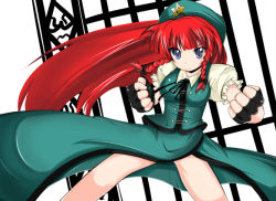 Rule 34 | 1girl, breasts, china dress, chinese clothes, dress, female focus, hat, hong meiling, immaterial and missing power, long hair, mad (hazukiken), mad (pixiv), red hair, ribbon, skirt, solo, touhou, white background