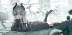 Rule 34 | 1girl, bed, black dress, black footwear, blue eyes, boots, curled horns, detached sleeves, dress, eyepatch, green hair, hands on own cheeks, hands on own face, highres, honey strap, horns, nanashi inc., oyuyu, sekishiro mico, short hair, solo, tail, virtual youtuber