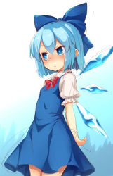 Rule 34 | 1girl, arms behind back, bad id, bad pixiv id, blue bow, blue dress, blue eyes, blue hair, blush, bow, bowtie, cirno, cowboy shot, dress, gradient background, hair between eyes, hair bow, hand on own arm, highres, ice, ice wings, looking to the side, multicolored background, nose blush, oborofu, red bow, red bowtie, short hair, short sleeves, sleeveless, sleeveless dress, solo, touhou, two-tone background, wings