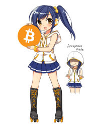 Rule 34 | 1girl, bitcoin, blue hair, blue skirt, blush, boots, coin hair ornament, commentary request, cryptocurrency, english text, faceless, faceless female, full body, gold trim, hair ornament, happy, highres, holding, hood, hood down, hood up, hoodie, jewelry, knee boots, looking at viewer, miniskirt, mochiko (mochiko3121), necklace, orange eyes, partially unzipped, personification, pleated skirt, shadow, side ponytail, simple background, skates, skirt, white background, white hoodie
