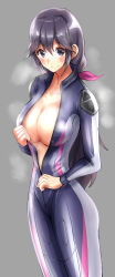 Rule 34 | 1girl, absurdres, alternate costume, biker clothes, bikesuit, blush, bodysuit, breasts, cleavage, commentary request, cowboy shot, grey background, hair between eyes, highres, kolby, large breasts, long hair, looking at viewer, machikado mazoku, purple eyes, purple hair, simple background, skin tight, smile, solo, steaming body, unzipped, unzipping, yoshida seiko