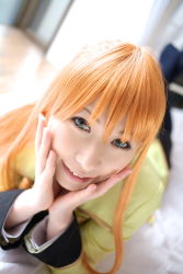Rule 34 | 1girl, asian, bed, bedroom, blazer, blue eyes, chippi, code geass, color contacts, cosplay, dutch angle, highres, indoors, jacket, kneehighs, long hair, looking at viewer, lying, miniskirt, on stomach, orange hair, photo (medium), school uniform, shirley fenette, shirley fenette (cosplay), skirt, smile, socks, solo