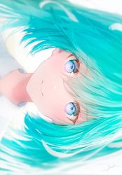Rule 34 | 1girl, aqua hair, blue eyes, close-up, hair between eyes, hatsune miku, highres, long hair, looking at viewer, ojay tkym, shirt, sideways, simple background, smile, solo, twintails, vocaloid, white background, white shirt