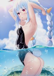 Rule 34 | 1girl, absurdres, ajishio (loli king), animal ears, armpits, arms up, ass, bare legs, bare shoulders, black leotard, blue hair, blue sky, blush, braid, breasts, bubble, carrot hair ornament, cleavage, cloud, cloudy sky, commentary, cowboy shot, day, female focus, food-themed hair ornament, hair ornament, hand in own hair, highres, hololive, leotard, light blue hair, long hair, looking at viewer, medium breasts, multicolored hair, ocean, open mouth, outdoors, partially submerged, partially underwater shot, playboy bunny, rabbit ears, rabbit girl, rabbit tail, red eyes, sky, solo, tail, thick eyebrows, thighs, twin braids, twintails, two-tone hair, underwater, usada pekora, virtual youtuber, wading, water, wet, white hair