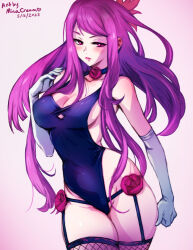 Rule 34 | 1girl, alternate costume, artist name, blue one-piece swimsuit, breasts, cleavage, closed mouth, commentary, dated, elbow gloves, english commentary, fire emblem, fire emblem engage, fishnet thighhighs, fishnets, gloves, hair ornament, highleg, highleg swimsuit, ivy (fire emblem), large breasts, lips, long hair, looking at viewer, mina cream, mole, mole under mouth, nintendo, one-piece swimsuit, pink lips, purple eyes, purple hair, simple background, solo, swimsuit, thighhighs, thighs, very long hair, white gloves