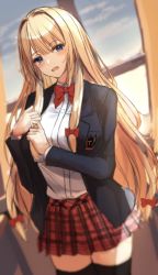 Rule 34 | 1girl, 7saki, alternate costume, alternate eye color, bad id, bad twitter id, black thighhighs, blazer, blonde hair, blue eyes, blush, bow, bowtie, breasts, collared shirt, commentary request, curtains, hair ribbon, highres, jacket, large breasts, long hair, long sleeves, looking at viewer, miniskirt, open mouth, plaid, plaid skirt, pleated skirt, pocket, red bow, red bowtie, red ribbon, red skirt, ribbon, school uniform, shirt, sidelocks, skirt, solo, standing, suit jacket, teeth, thighhighs, thighs, tongue, touhou, tress ribbon, unfinished, upper teeth only, white shirt, window, wing collar, yakumo yukari
