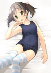 Rule 34 | 1girl, :d, bare arms, bare shoulders, bed sheet, blue one-piece swimsuit, breasts, brown hair, collarbone, commentary request, feet out of frame, green eyes, hand up, highres, knees together feet apart, looking at viewer, lying, old school swimsuit, on back, one-piece swimsuit, open mouth, original, school swimsuit, shibacha, short hair, small breasts, smile, solo, striped clothes, striped thighhighs, swimsuit, thighhighs, twintails