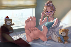 Rule 34 | 1girl, absurdres, barefoot, bed, blurry, brown eyes, brown hair, depth of field, feet, glasses, highres, ichikawa hinana, idolmaster, idolmaster shiny colors, long hair, looking at viewer, open mouth, shoes, unworn shoes, single shoe, soles, stuffed toy, toes, window