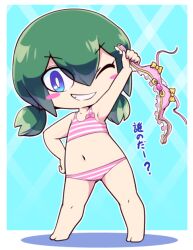 Rule 34 | 1girl, barefoot, blue eyes, blush stickers, character request, contrapposto, flat chest, full body, green hair, grin, hand on own hip, horizontal-striped swimsuit, looking at viewer, navel, nollety, one eye closed, short twintails, smile, solo, standing, translated, twintails, youkai watch