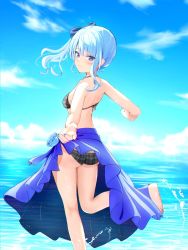 Rule 34 | 1girl, ass, back, barefoot, bikini, blue bow, blue eyes, blue flower, blue hair, blue nails, blue rose, blue sarong, blue sky, bow, breasts, cloud, flower, from behind, hair bow, highres, hololive, hoshimachi suisei, legs, light blue hair, looking at viewer, looking back, medium breasts, nail polish, oniku (o29sukizero), outstretched arm, plaid, plaid bikini, rose, running, sarong, side ponytail, sidelocks, sky, smile, solo, splashing, standing, standing on one leg, swimsuit, thighs, virtual youtuber, water, water drop, wavy hair