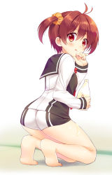 Rule 34 | 1girl, :q, ass, barefoot, blush, bottle, feet, full body, fuyuichi monme, highres, isshiki akane, looking at viewer, looking back, mayonnaise, monmesan, red eyes, red hair, school uniform, scrunchie, sexually suggestive, short hair, short shorts, shorts, solo, squatting, squeeze bottle, tongue, tongue out, twintails, vividred operation, white background