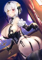 Rule 34 | 1girl, alicia renato (yashiro sousaku), ass, black gloves, black panties, black thighhighs, blush, borrowed character, breasts, candlestand, cleavage, corset, curtains, elbow gloves, frills, garter straps, gloves, hair ornament, hair ribbon, heterochromia, highres, holding, kirisaki shuusei, large breasts, looking at viewer, o-ring, open mouth, original, panties, red eyes, ribbon, short hair, side-tie panties, silver hair, solo, thighhighs, underwear, yellow eyes