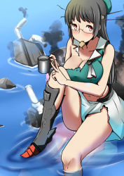Rule 34 | 10s, 1girl, bad id, bad pixiv id, bent, beret, black hair, blue shirt, breasts, cannon, choukai (kancolle), choukai kai ni (kancolle), cleavage, commentary request, cracker, crop top, cup, food, glasses, hat, headgear, kantai collection, knee up, large breasts, looking at viewer, midriff, miniskirt, mouth hold, panties, pantyshot, pantyshot through reflection, reflection, rigging, ripples, shirt, sitting on water, skirt, sleeveless, sleeveless shirt, smile, smoke, solo, torn clothes, torn shirt, torn skirt, underwear, v, water, white panties, white skirt, yoiyoi (kannkann100)