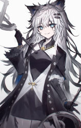 Rule 34 | 1girl, absurdres, animal ear fluff, animal ears, arknights, black dress, black jacket, breasts, diieru, dress, dual wielding, fur-trimmed sleeves, fur trim, grey background, grey hair, hair between eyes, highres, holding, holding sword, holding weapon, jacket, lappland (arknights), long hair, long sleeves, looking at viewer, open clothes, open jacket, parted lips, scar, scar across eye, scar on face, simple background, small breasts, solo, sword, very long hair, weapon, wide sleeves