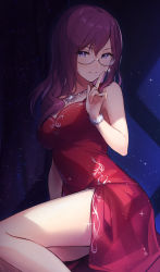 Rule 34 | 1girl, bare arms, bracelet, breasts, closed mouth, dress, feet out of frame, finger to mouth, glasses, hair between eyes, hair over breasts, hand up, highres, idolmaster, idolmaster cinderella girls, jewelry, juugonichi (wheeliex2), large breasts, light smile, long hair, looking at viewer, necklace, night, purple eyes, purple hair, red dress, semi-rimless eyewear, shushing, side slit, sky, sleeveless, solo, star (sky), starry sky, under-rim eyewear, yagami makino