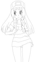 Rule 34 | 1girl, alternate costume, artist request, blush, bottomless, braid, collarbone, cosplay, creatures (company), elio (pokemon) (cosplay), female focus, game freak, greyscale, hand up, hat, highres, lillie (pokemon), long hair, looking away, looking to the side, monochrome, nintendo, no pussy, off shoulder, pokemon, pokemon sm, shirt, short sleeves, simple background, sketch, smile, solo, source request, standing, striped clothes, striped shirt, twin braids, white background, you (pokemon sm) (cosplay)