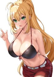 Rule 34 | 1girl, ahoge, akahara tyun, alternate costume, bare shoulders, belt, bikini, bikini top only, blonde hair, breasts, cleavage, green eyes, hand up, large breasts, open mouth, ponytail, red shorts, shorts, solo, stomach, swimsuit, tsurumaki maki, voiceroid