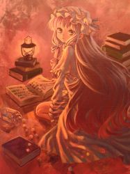 Rule 34 | 1girl, acrylic paint (medium), ama-tou, book, candy, capelet, female focus, food, hat, highres, konpeitou, lamp, lantern, long hair, looking back, on floor, open book, painting (medium), patchouli knowledge, sitting, solo, touhou, traditional media