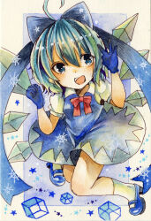 Rule 34 | 1girl, ahoge, blue background, blue bow, blue dress, blue eyes, blue footwear, blue gloves, blue hair, border, bow, breasts, cirno, detached wings, dress, full body, gloves, hair between eyes, hair bow, happy, head tilt, highres, ice, ice wings, large bow, looking at viewer, mary janes, medium hair, open mouth, painting (medium), pinafore dress, shirt, shoes, sleeveless, sleeveless dress, small breasts, smile, snowflake background, socks, solo, teeth, totoki mea, touhou, traditional media, upper teeth only, watercolor (medium), white border, white shirt, white socks, wings