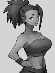Rule 34 | 1girl, arm at side, bare arms, bare shoulders, breasts, caulifla, caulifla (cosplay), cleavage, collarbone, cosplay, dragon ball, dragon ball super, earrings, grey background, greyscale, hand on own hip, jewelry, kale (dragon ball), kemachiku, large breasts, long hair, looking at viewer, midriff, monochrome, navel, neck, ponytail, simple background, solo, standing, strapless, tube top