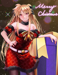 Rule 34 | 1girl, belt, black bow, black choker, blonde hair, blush, bow, box, breasts, choker, cleavage, collarbone, contrapposto, cowboy shot, detached sleeves, dress, fate testarossa, floating hair, fur-trimmed dress, fur trim, gift, gift box, grin, hair bow, hand on own hip, highres, large breasts, long hair, looking at viewer, lyrical nanoha, mahou shoujo lyrical nanoha strikers, merry christmas, red dress, red eyes, red sleeves, short dress, short sleeves, smile, solo, sougetsu izuki, standing, strapless, strapless dress, very long hair, white belt