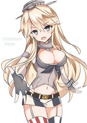 Rule 34 | 1girl, asymmetrical legwear, black gloves, blonde hair, blue eyes, breasts, cleavage, cowboy shot, fathom, fingerless gloves, front-tie top, garter straps, gloves, headgear, highres, iowa (kancolle), kantai collection, large breasts, looking at viewer, miniskirt, mismatched legwear, simple background, skirt, solo, star-shaped pupils, star (symbol), striped clothes, striped skirt, striped thighhighs, symbol-shaped pupils, thighhighs, twitter username, vertical-striped clothes, vertical-striped skirt, vertical-striped thighhighs, white background