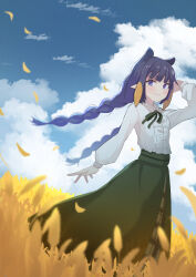 Rule 34 | 1girl, alternate costume, animal ears, arm behind head, arm up, blue sky, blunt bangs, braid, center frills, cloud, commentary, day, dutch angle, frills, grass, green ribbon, green skirt, highres, hololive, hololive english, kenjun, long hair, long skirt, long sleeves, looking at viewer, mole, mole under eye, multicolored hair, neck ribbon, ninomae ina&#039;nis, orange hair, outdoors, pointy ears, puffy long sleeves, puffy sleeves, purple eyes, purple hair, ribbon, shirt, skirt, sky, smile, solo, twin braids, virtual youtuber, white shirt