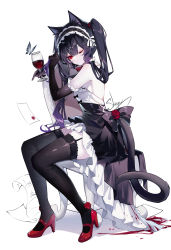 Rule 34 | 1girl, ;), alcohol, animal ears, artist name, bad id, bad pixiv id, bare shoulders, black dress, black gloves, black hair, black hairband, blood, bug, butterfly, cat ears, cat tail, commentary, cup, dress, drinking glass, elbow gloves, flower, full body, garter straps, gloves, hairband, high heels, highres, holding, holding cup, insect, long hair, one eye closed, original, petticoat, red eyes, red flower, red footwear, red rose, rose, sheya, short dress, signature, simple background, sitting, smile, solo, tail, thighhighs, thighs, twintails, white background, wine, wine glass, zettai ryouiki