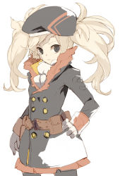 Rule 34 | 1girl, belt, belt pouch, beret, blonde hair, coat, cowboy shot, fur trim, gloves, grey eyes, hand on own hip, hat, long hair, looking at viewer, original, parted lips, pouch, scar, scar across eye, scar on face, scarf, shiromiso, simple background, solo, twintails, white background, white gloves