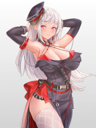 Rule 34 | 1girl, armpits, arms behind head, azur lane, belt, breasts, cleavage, closed mouth, earrings, feet out of frame, fishnet thighhighs, fishnets, gatchapowa, hat, highres, jewelry, large breasts, lips, long hair, looking at viewer, military hat, purple eyes, simple background, smile, solo, standing, thighhighs, uniform, white hair, white thighhighs, yorck (azur lane)