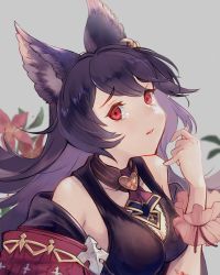 Rule 34 | 1girl, animal ears, ascot, bare shoulders, black hair, black shirt, breasts, cleavage, detached collar, flower, granblue fantasy, grey background, hand up, highres, looking at viewer, mabu (mabu mmm), medium breasts, nier (granblue fantasy), off shoulder, parted lips, raised eyebrows, red eyes, shirt, sleeveless, sleeveless shirt, solo, tearing up, upper body, wristband