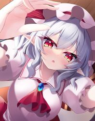 Rule 34 | 1girl, absurdres, ascot, fang, grey background, grey hair, hat, hat ribbon, highres, looking at viewer, mob cap, open mouth, pink hat, pointy ears, red ascot, red eyes, red ribbon, remilia scarlet, ribbon, s vileblood, short hair, short sleeves, skin fang, solo, touhou, upper body