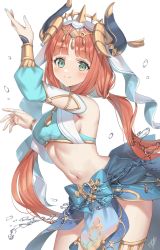 Rule 34 | 1girl, armlet, blue skirt, blush, bracer, breasts, genshin impact, green eyes, hair ornament, harem outfit, highres, horns, jewelry, long hair, long sleeves, looking at viewer, medium breasts, neck ring, nilou (genshin impact), oshage (osyage921), puffy long sleeves, puffy sleeves, red hair, sash, sidelocks, skirt, smile, solo, thighs, veil, water