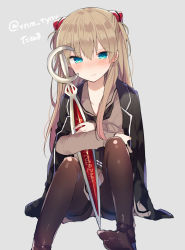 Rule 34 | 1girl, bad id, bad tumblr id, black jacket, black neckerchief, black pantyhose, blue eyes, blush, borrowed clothes, brown shirt, closed mouth, commentary request, embarrassed, feet out of frame, grey background, headgear, highres, ikeuchi tanuma, jacket, jacket on shoulders, light brown hair, long hair, long sleeves, looking at viewer, neckerchief, neon genesis evangelion, no shoes, hugging object, pantyhose, sailor collar, school uniform, serafuku, shirt, simple background, sitting, solo, souryuu asuka langley, twitter username