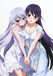 Rule 34 | 10s, 2girls, :d, absurdres, arm around shoulder, asymmetrical docking, bare shoulders, belt, belt skirt, black hair, blue dress, blush, breast press, breasts, chestnut mouth, cleavage, crop top, dress, frilled dress, frills, from side, grisaia (series), grisaia no kajitsu, hair between eyes, half-closed eyes, hand on another&#039;s shoulder, happy, head tilt, highres, hip focus, holding hands, interlocked fingers, kazami kazuki, long hair, looking at viewer, medium breasts, multiple girls, no bra, official art, open mouth, outstretched arm, parted bangs, parted lips, purple eyes, purple hair, raised eyebrows, sakaki yumiko, scan, shirt, silver hair, simple background, small breasts, smile, spaghetti strap, standing, strap slip, sundress, very long hair, watanabe akio, white dress