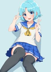 Rule 34 | 1girl, :d, black thighhighs, blue background, blue eyes, blue hair, blue sailor collar, blue skirt, blush, collarbone, commentary request, commission, double v, feet out of frame, female focus, hands up, highres, knee up, looking at viewer, miniskirt, neckerchief, open mouth, original, pleated skirt, refuson man, sailor collar, school uniform, serafuku, shirt, short hair, short sleeves, simple background, skeb commission, skirt, smile, solo, teeth, thighhighs, transgender, upper teeth only, v, white shirt, yellow neckerchief