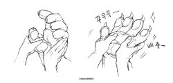 Rule 34 | 2boys, animal hands, arknights, claws, couple, fingernails, furry, furry male, furry with furry, grabbing another&#039;s hand, greyscale, hand focus, highres, hung (arknights), korean text, monochrome, mountain (arknights), multiple boys, pressing, sharp fingernails, sigppang (2shot00002), size difference, sparkle, translation request