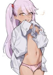 Rule 34 | 1girl, absurdres, bad id, bad twitter id, blush, chloe von einzbern, clothing cutout, commentary request, cowboy shot, crotch cutout, dark-skinned female, dark skin, dorontabi, fang, fate/kaleid liner prisma illya, fate (series), flat chest, hair bobbles, hair ornament, heart cutout, highres, long hair, navel, one side up, open clothes, open mouth, open shirt, orange eyes, panties, pink hair, pink panties, shirt, simple background, sketch, sleeves past wrists, smile, solo, thigh gap, underwear, white background