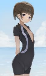 Rule 34 | 1girl, arms behind back, black one-piece swimsuit, blue eyes, blue sky, blunt bangs, blurry, blurry background, blush, breasts, brown hair, cleavage, closed mouth, cloud, day, highres, hiroki (yyqw7151), horizon, looking at viewer, ocean, one-piece swimsuit, original, outdoors, ponytail, short hair, short sleeves, sky, small breasts, solo, swimsuit, wet