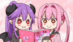 Rule 34 | + +, 2girls, :d, black sailor collar, black sweater, black wings, blush, book, chikanoko, closed mouth, commentary request, curled horns, demon girl, demon horns, demon wings, hair intakes, high ponytail, highres, holding, holding book, horns, multiple girls, naito mare, open book, open mouth, pink hair, pink sweater, ponytail, pornography, purple hair, ragho no erika, red eyes, red neckwear, sailor collar, smile, sweater, tsugou makina, twintails, venus symbol, wavy mouth, wings