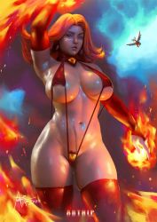 Rule 34 | 1girl, absurdres, armpits, artnip, belly, breasts, curvy, defense of the ancients, dota (series), fire, highres, large breasts, lina (dota 2), navel, nipples, one-piece swimsuit, realistic, red one-piece swimsuit, slingshot swimsuit, swimsuit, thick thighs, thighs, wide hips