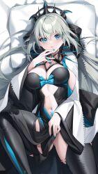 1girl black_bow black_dress black_thighhighs blue_eyes bow braid breasts center_opening cleavage dress fate/grand_order fate_(series) grey_hair hair_bow highres large_breasts long_hair long_sleeves looking_at_viewer morgan_le_fay_(fate) navel o-yatsu open_mouth pelvic_curtain ponytail sidelocks solo spikes stomach_tattoo tattoo thighhighs thighs tiara two-tone_dress very_long_hair white_dress wide_sleeves