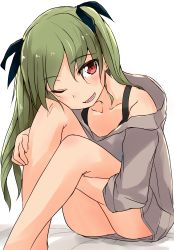 Rule 34 | 1girl, absurdres, alternate hairstyle, anchovy (girls und panzer), barashiya, bed sheet, black ribbon, blush, bra strap, casual, collarbone, commentary, girls und panzer, grey sweater, hair ribbon, highres, hugging own legs, leaning forward, legs, long sleeves, looking at viewer, no pants, off shoulder, on bed, one eye closed, open mouth, ribbon, shadow, sitting, sleeves rolled up, smile, solo, sweater, twintails