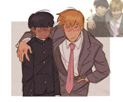 Rule 34 | 2boys, arm around shoulder, black hair, black jacket, blonde hair, blunt bangs, closed mouth, collared shirt, commentary, english commentary, formal, gakuran, grey suit, hand on own hip, highres, jacket, kageyama shigeo, long sleeves, looking at another, male focus, mob psycho 100, mp100days, multiple boys, necktie, photo inset, pink necktie, reference inset, reigen arataka, school uniform, shirt, short hair, simple background, standing, suit, white shirt