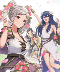 Rule 34 | 1boy, 3girls, :d, arm up, armlet, aunt and niece, bare shoulders, belt, blonde hair, blue eyes, blue hair, blush, bouquet, breasts, brother and sister, brown eyes, camisole, chrom (fire emblem), chrom (valentine) (fire emblem), commentary request, dress, father and daughter, fire emblem, fire emblem awakening, flower, gonzarez, grin, hair between eyes, hair flower, hair ornament, hand on own hip, highres, lissa (fire emblem), lissa (valentine) (fire emblem), long hair, looking at viewer, lucina (fire emblem), lucina (valentine) (fire emblem), medium breasts, multiple girls, nintendo, open mouth, pink flower, robin (female) (fire emblem), robin (female) (valentine) (fire emblem), robin (fire emblem), siblings, smile, twintails, upper body, white background, white dress, white flower