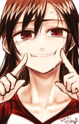 Rule 34 | 1girl, blush, brown hair, cheek poking, crying, crying with eyes open, dated, eye focus, kotoba noriaki, long hair, looking at viewer, original, poking, red eyes, shirt, signature, simple background, solo, sweat, tears, upper body, white background