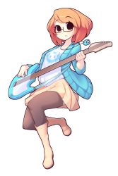 Rule 34 | 1girl, absurdres, black eyes, black thighhighs, blue sweater, boots, breasts, brown hair, collarbone, crescent, crescent necklace, fizintine, full body, glasses, guitar, highres, holding, holding instrument, instrument, jewelry, knee boots, long sleeves, looking at viewer, luna (fizintine), music, necklace, original, playing instrument, pleated skirt, rectangular eyewear, shirt, short hair, simple background, skirt, small breasts, solo, sweater, swept bangs, thighhighs, white shirt, yellow footwear, yellow skirt