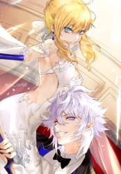 Rule 34 | 1boy, 1girl, armpits, artoria pendragon (all), artoria pendragon (fate), backless dress, backless outfit, black neckwear, blonde hair, blue eyes, bow, braid, braided bun, breasts, carrying, cleavage, collared shirt, dress, dress shirt, dutch angle, earrings, elbow gloves, fate (series), gloves, grin, hair between eyes, hair bow, hair bun, holding, jewelry, looking at viewer, medium breasts, merlin (fate), official alternate costume, pink eyes, pointy ears, pvc parfait, saber (avalon celebrate) (fate), saber (fate), shirt, short hair with long locks, sideboob, sidelocks, silver hair, sleeveless, sleeveless dress, smile, strapless, strapless dress, twitter username, white bow, white dress, white gloves, white shirt, wing collar